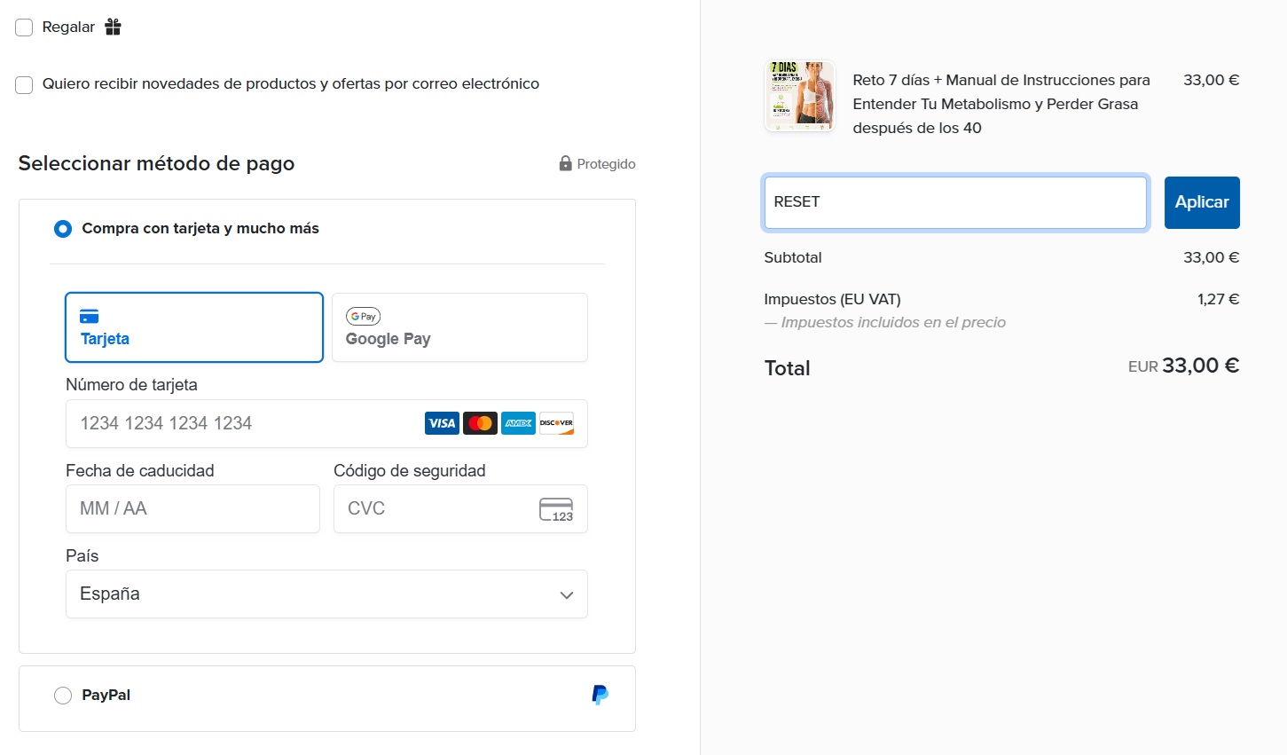 Checkout de Payhip con campo cupón donde escribir RESET