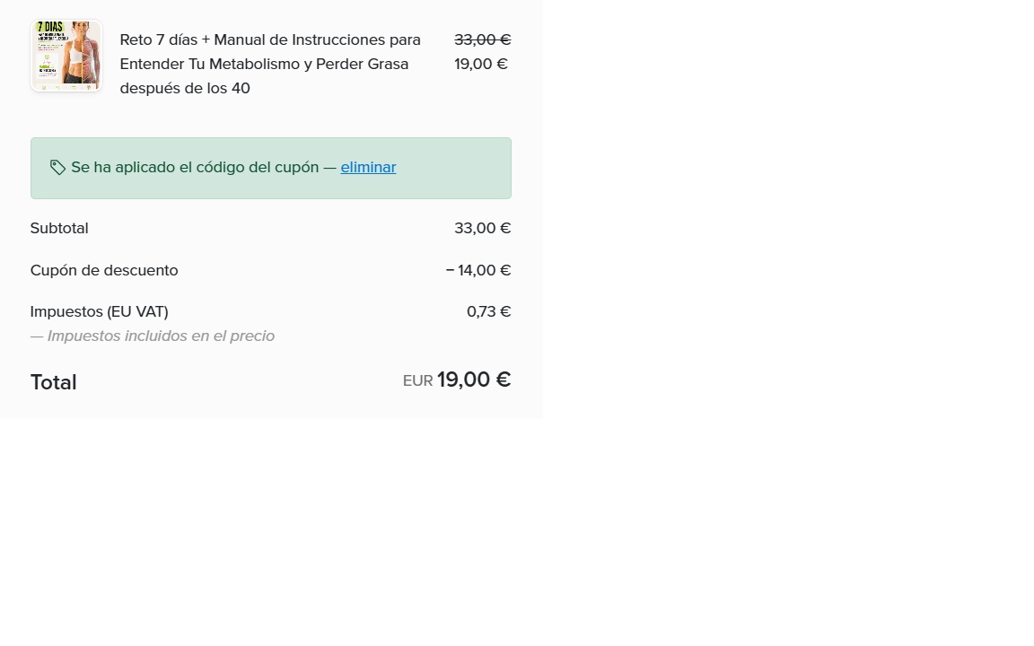 Cupón aplicado, precio total 19€